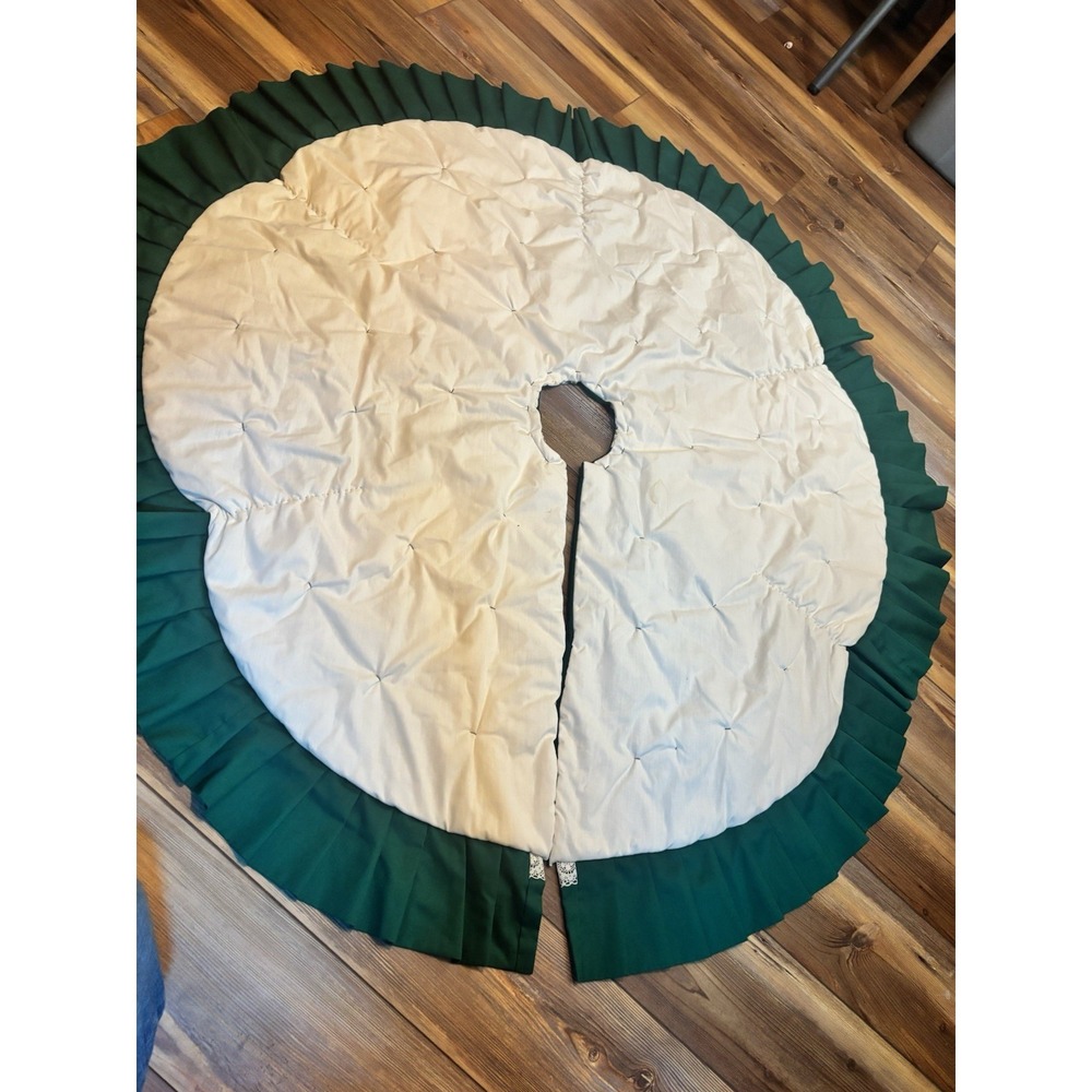 Christmas Tree Skirt Green 49" Machine & Hand Stitch Lace Homemade Vtg - Picture 7 of 7